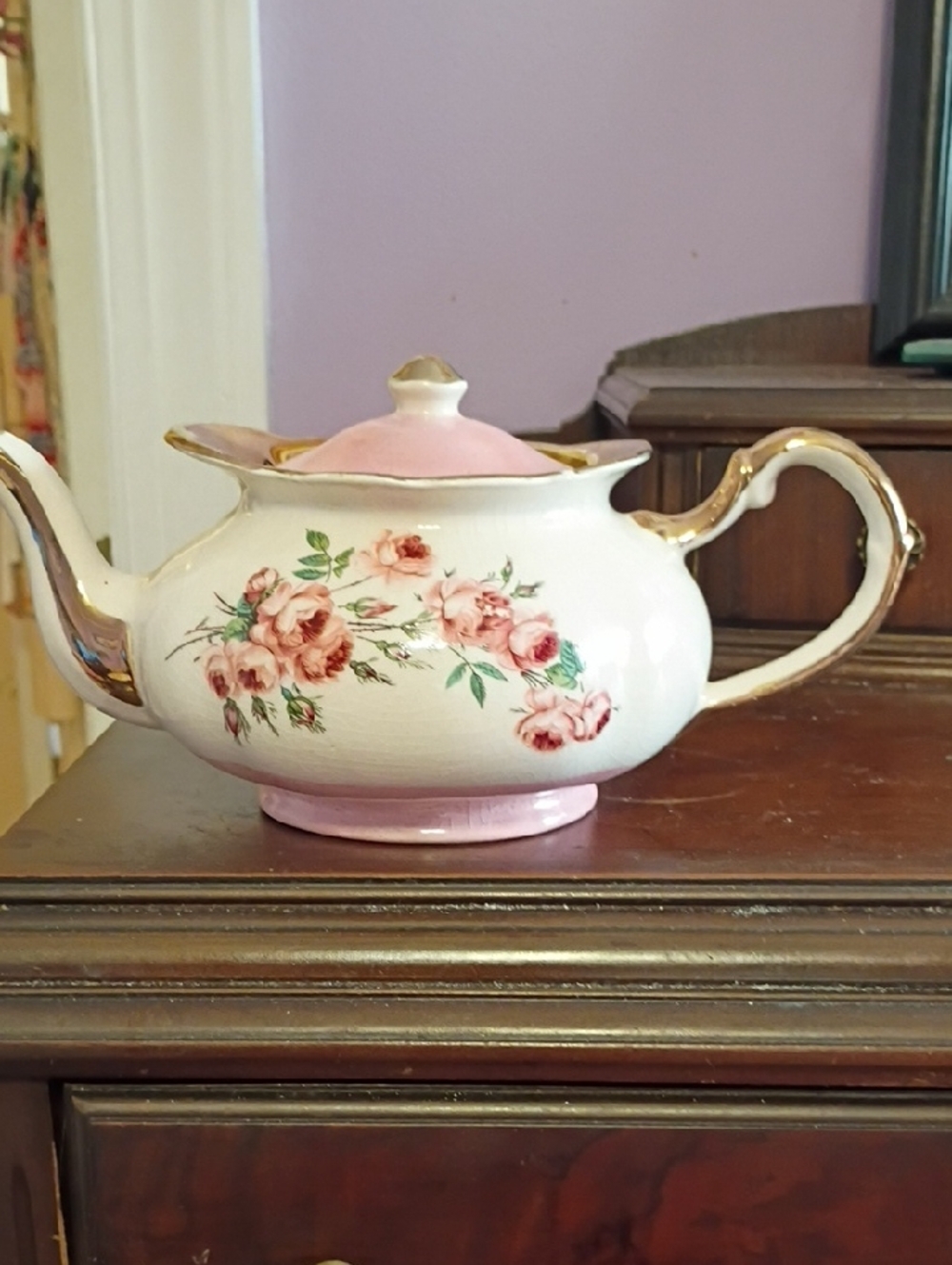 Price Kensington Vintage Pink Floral Teapot with Gold Trim